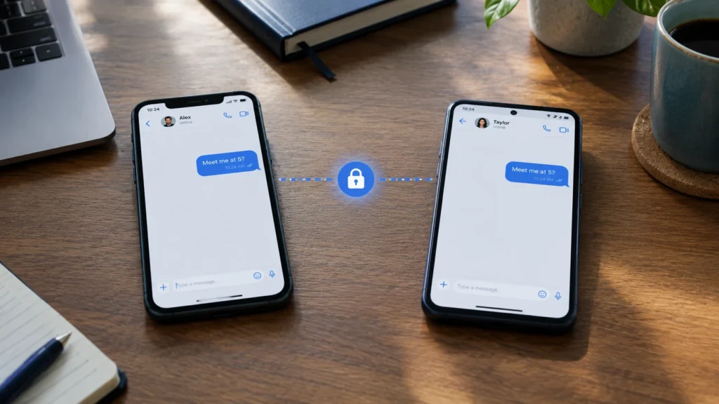 Two phones sending an end-to-end encrypted message that only the sender and receiver can read