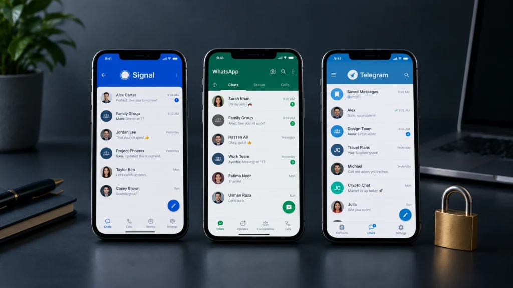 Signal, WhatsApp and Telegram open on three phones to compare the most secure messaging app