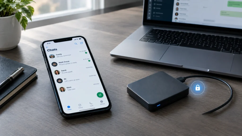 Chat app open on a phone and a laptop, showing why chat backups and linked devices matter for privacy
