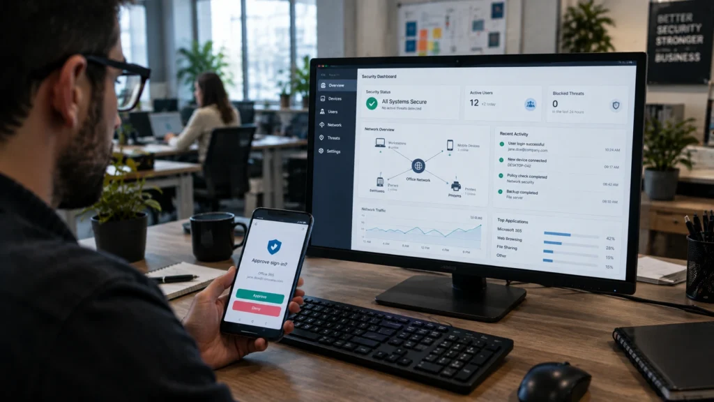 Office worker approving a multi-factor authentication login on a phone in front of a security dashboard that blocks initial access broker attacks