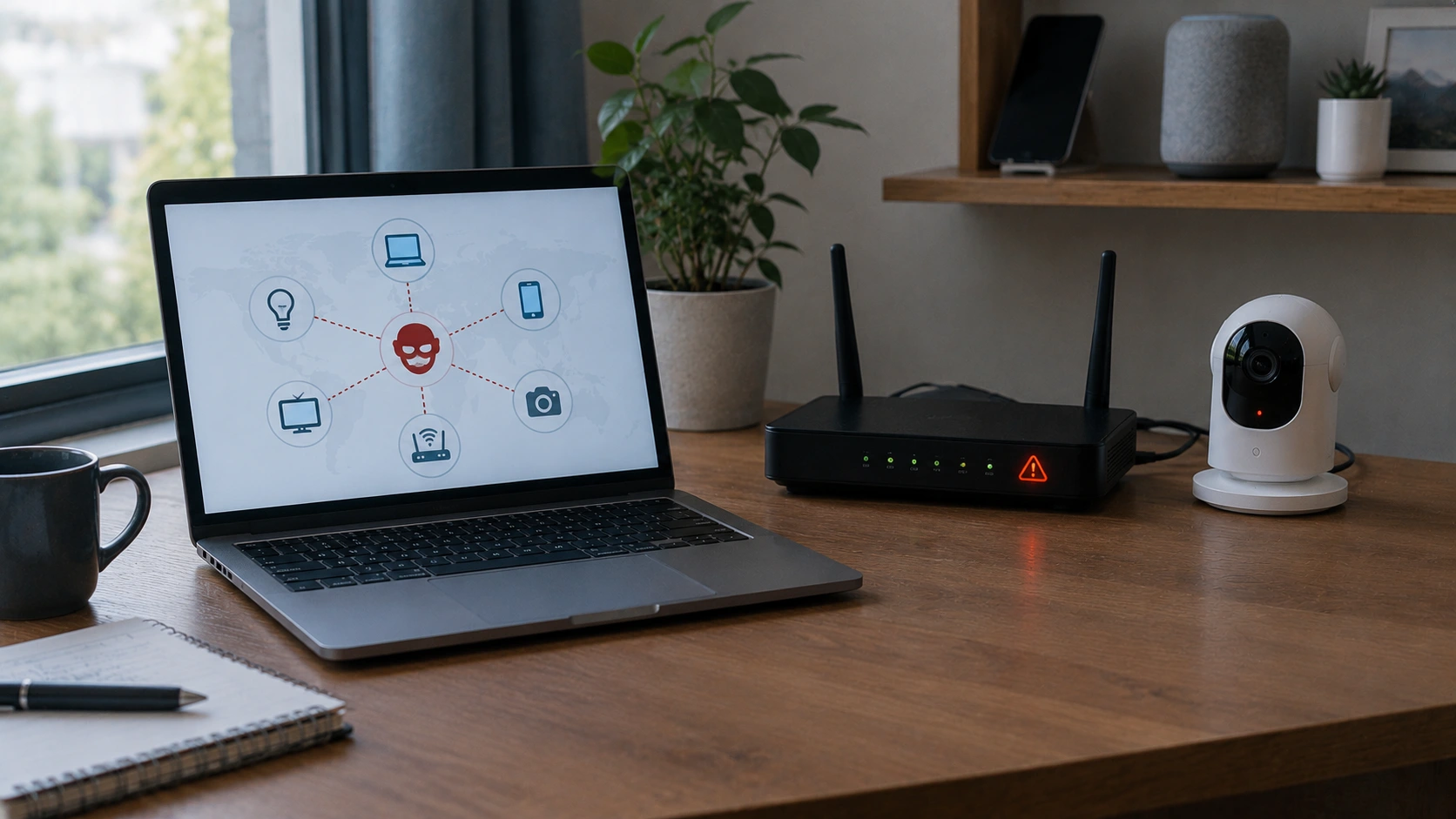 Smart home router showing a warning light next to a security camera, with a laptop screen showing a hacker connected to home devices that can join a botnet