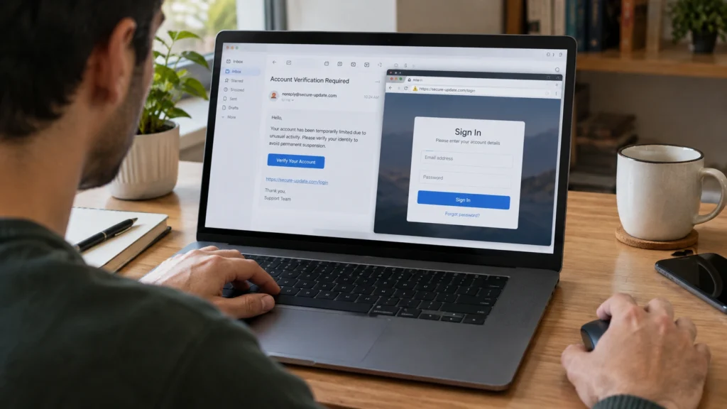 What happens if I click a phishing link? A laptop shows a fake account verification email next to a fake sign-in page asking for a password