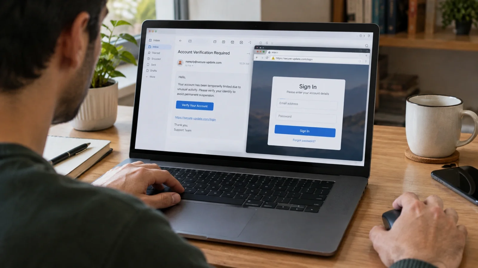What happens if I click a phishing link? A laptop shows a fake account verification email next to a fake sign-in page asking for a password