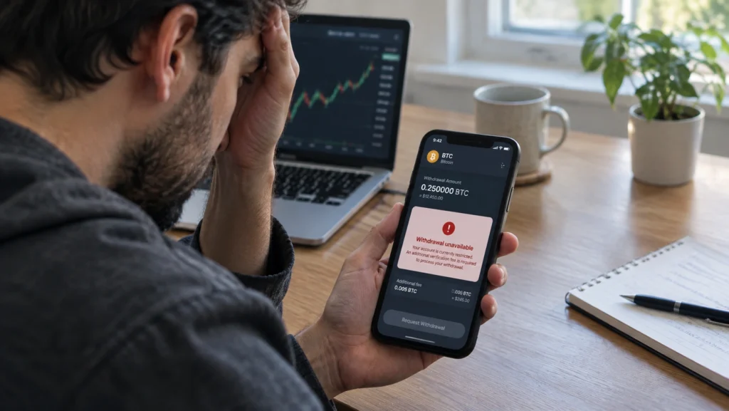 Stressed man after a fake crypto app blocks his withdrawal in a pig butchering scam