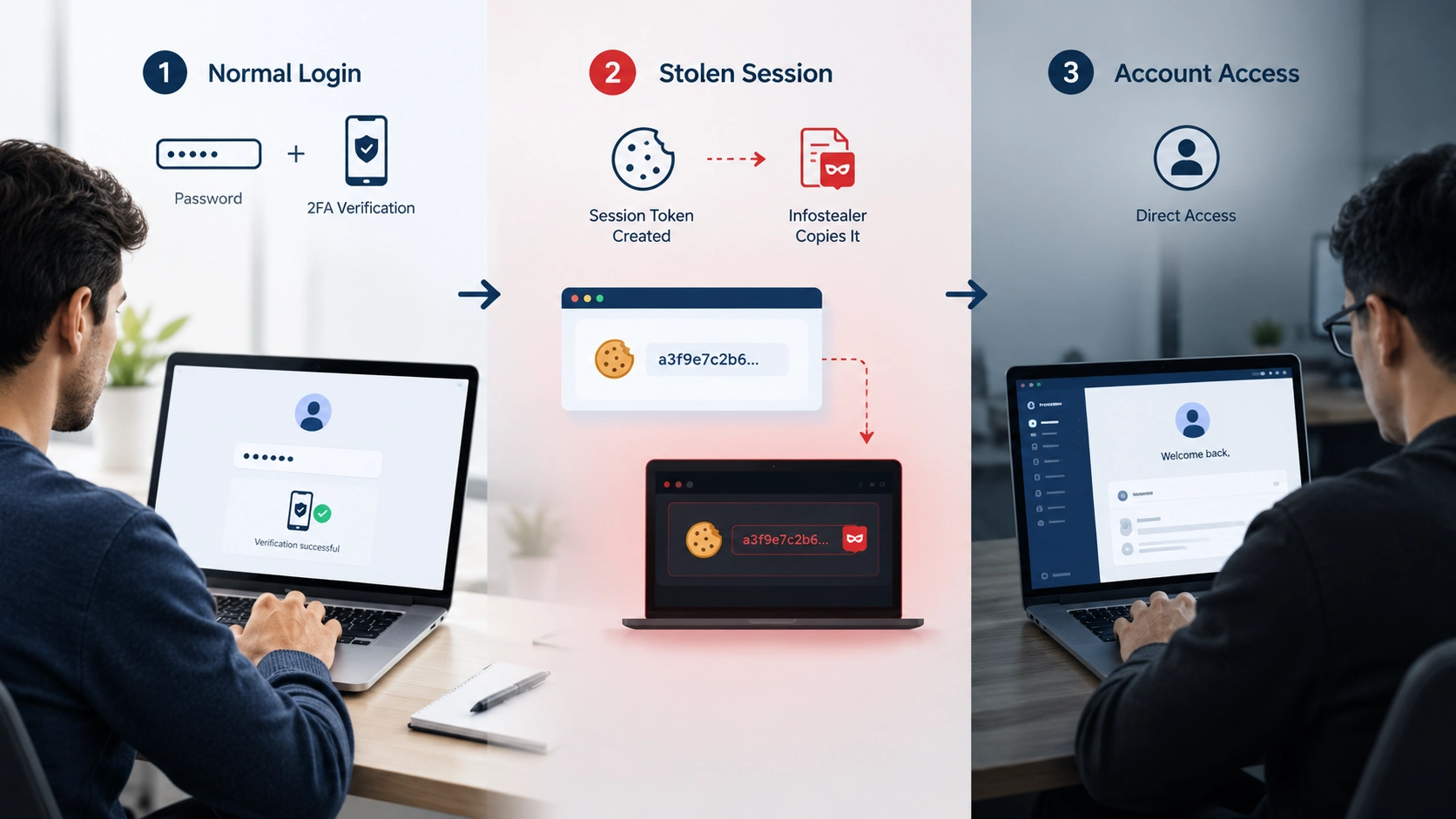 Three-step session hijacking flow showing how infostealer malware copies a session cookie after a normal login with 2FA and lets an attacker access the account