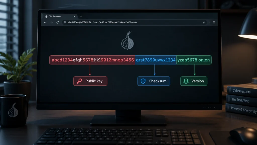 Tor Browser showing a fake onion address split into three colored parts: public key, checksum, and version
