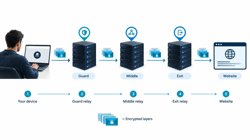 How does Tor work: your device connects through a guard relay, middle relay, and exit relay before reaching a website