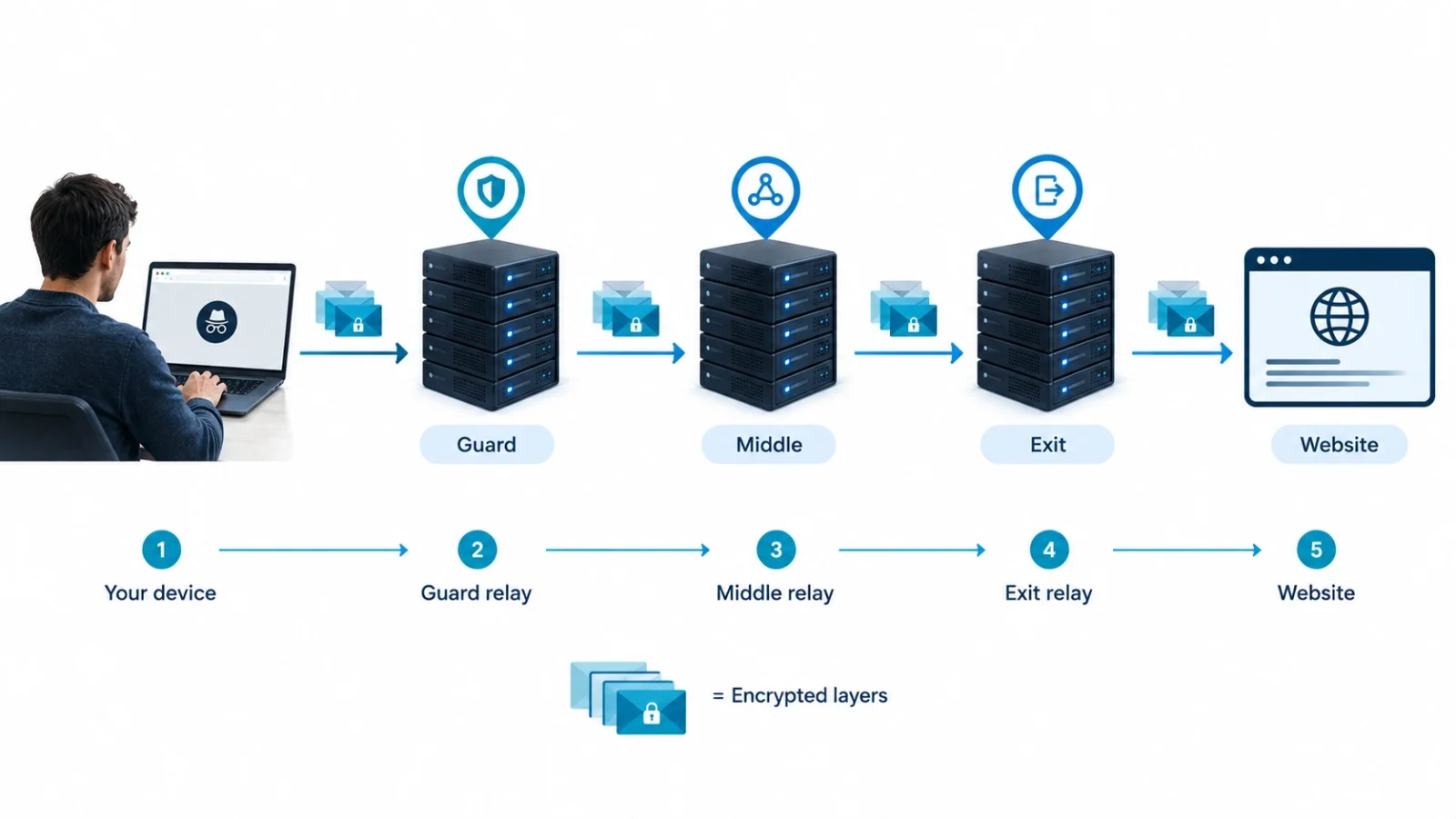 How does Tor work: your device connects through a guard relay, middle relay, and exit relay before reaching a website