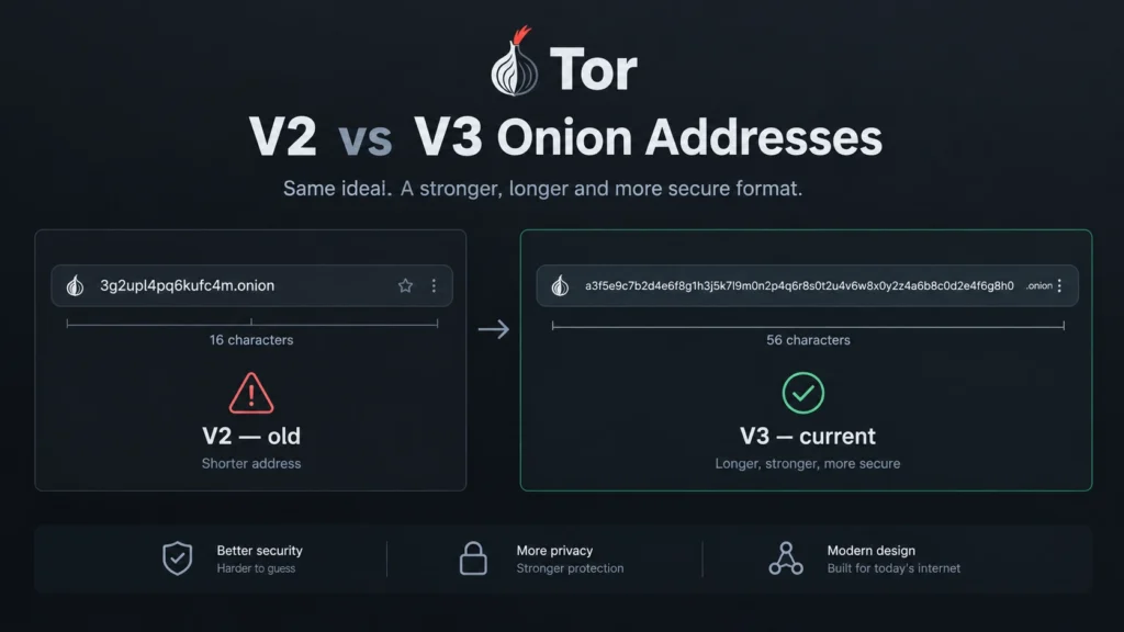 Comparison of an old 16-character v2 onion address and a current 56-character v3 onion address