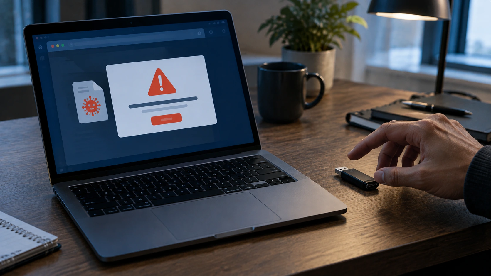 Laptop showing a malware warning after opening a harmful file, with a USB drive on the desk, a common dark web download risk
