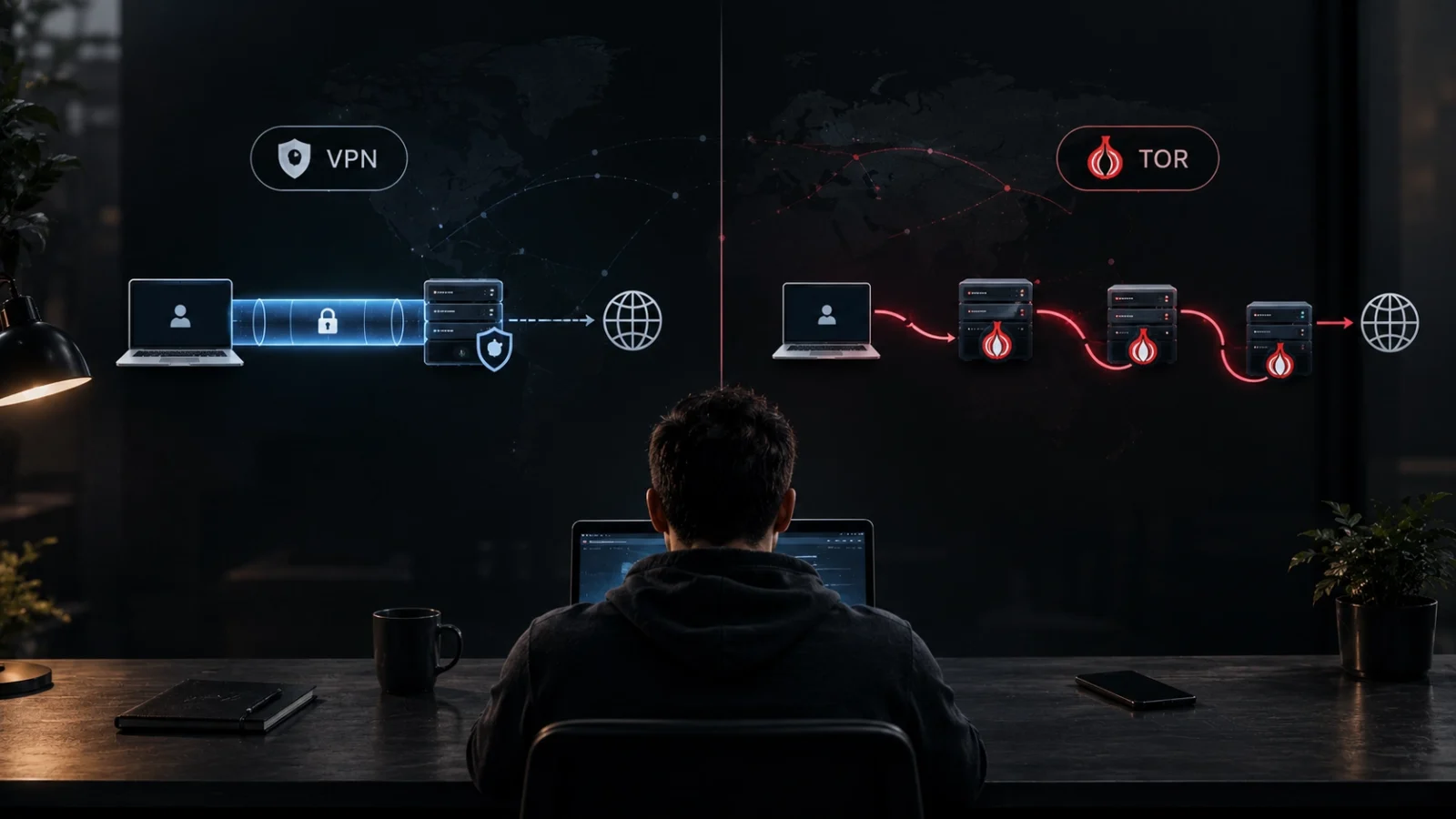 Tor vs VPN: a VPN sends traffic through one encrypted tunnel while Tor routes it through three relays
