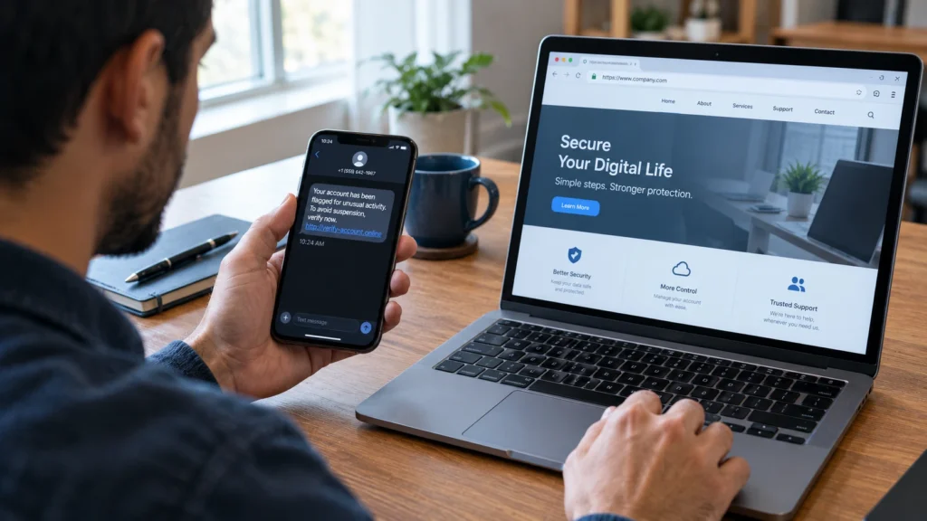 Person checking a suspicious account message on their phone by opening the company's real website on a laptop