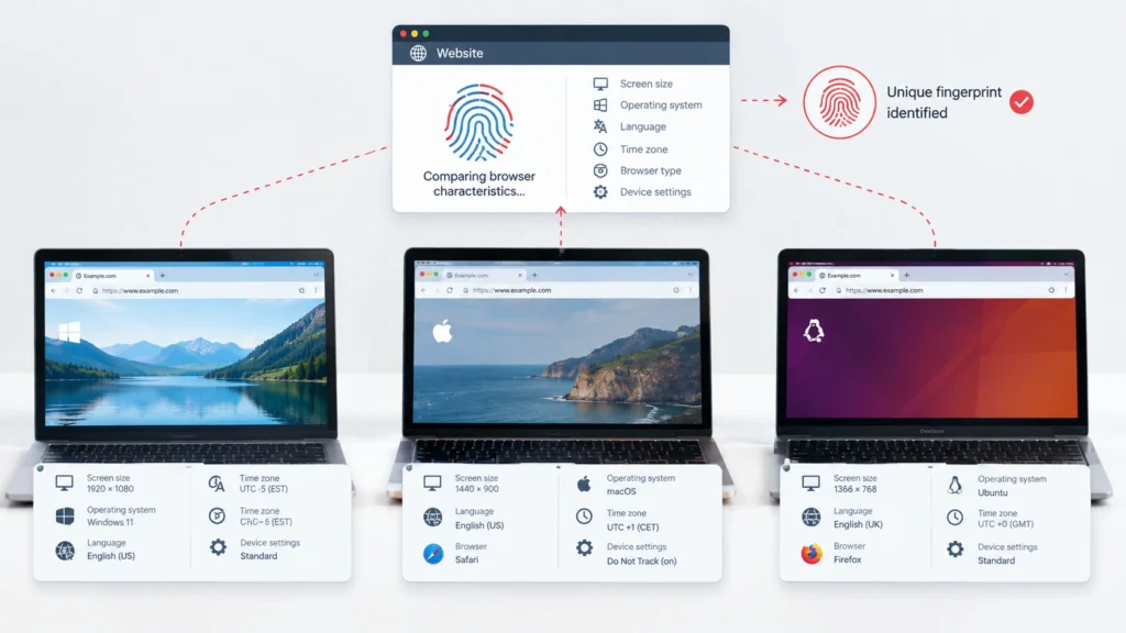 Browser fingerprinting example: a website compares screen size, operating system, language, time zone and browser on three laptops to identify a unique fingerprint