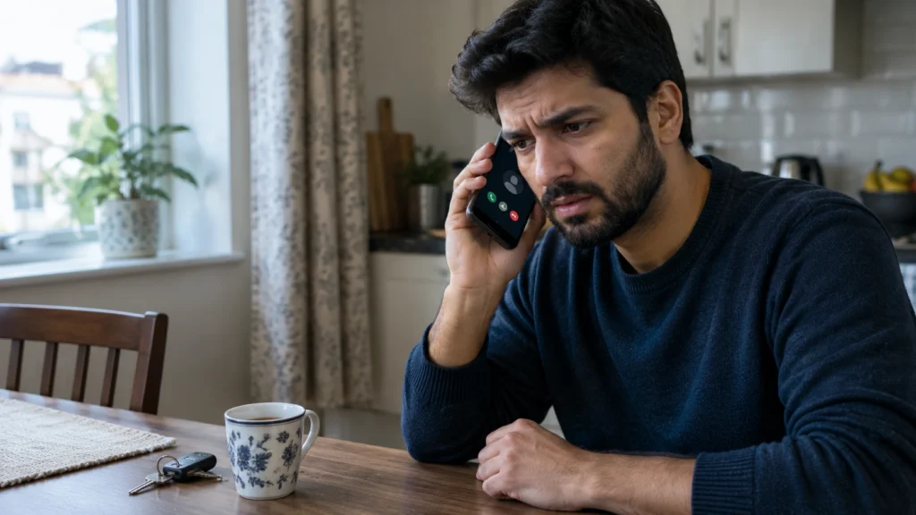 AI voice cloning scam: a worried man on a phone call that sounds like a family member asking for help