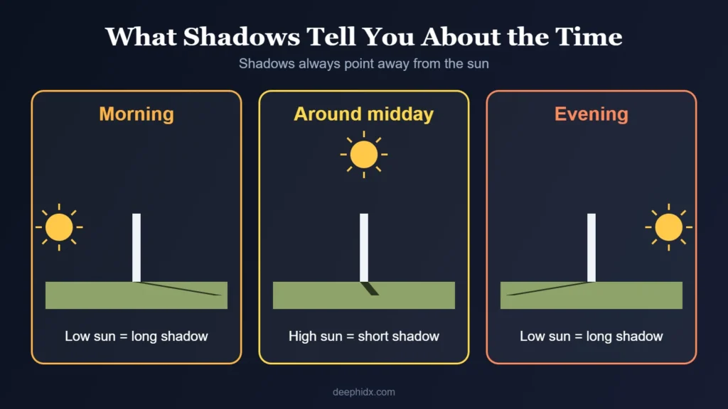 Chronolocation shadow guide: long shadows in the morning and evening, short shadows around midday, always pointing away from the sun
