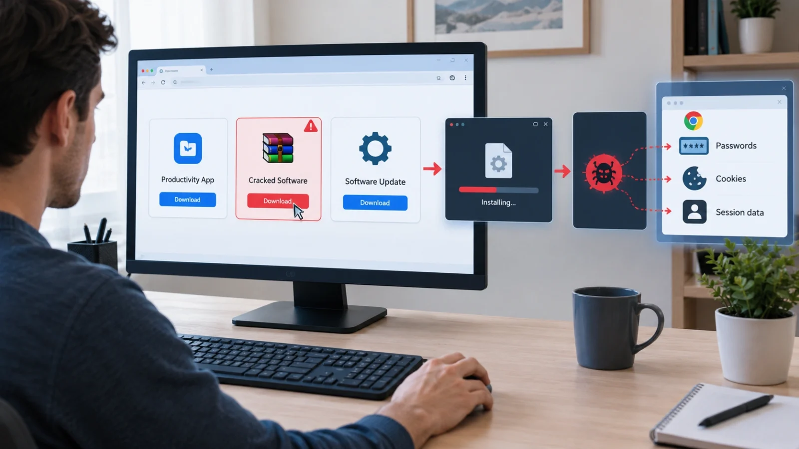 How infostealer malware infects a computer through a fake or cracked download